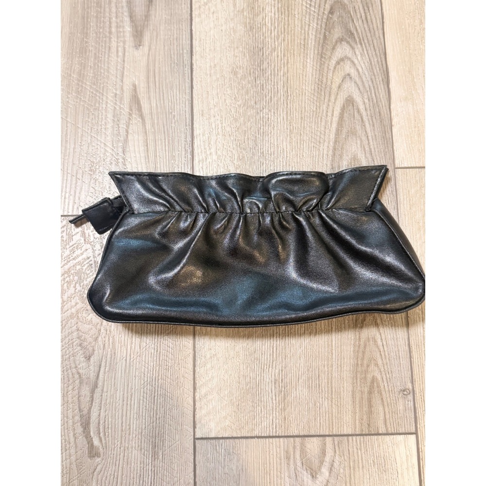 Vintage Black Ruffled Faux Leather Zippered Clutch‎ Evening Bag Handbag